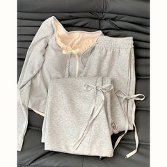 Aiertu Korean Spring Wear Grey Casual Top Female 2024 New Bow Design Super Sweet High Waist Slim Wide-leg Pants Two-piece Set Aiertu
