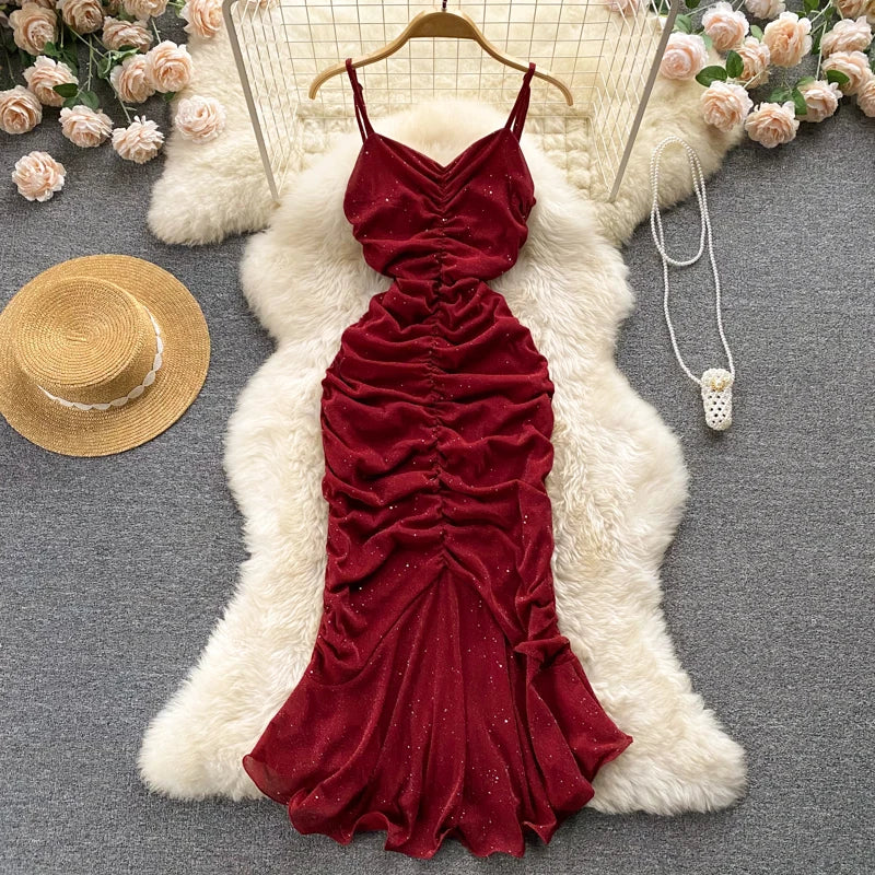 Aiertu Evening Party Women Mermaid Dress Summer Ruched Backless Sexy Elegant Ladies French Style Solid Long Dresses Aiertu