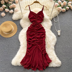 Aiertu Evening Party Women Mermaid Dress Summer Ruched Backless Sexy Elegant Ladies French Style Solid Long Dresses Aiertu