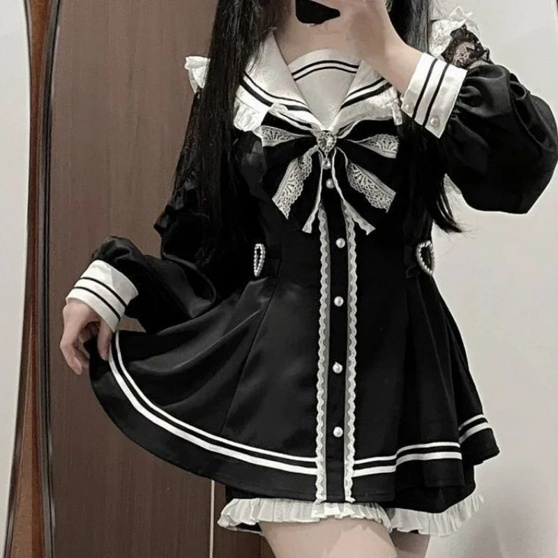 Aiertu DRESS TO IMPRESS Japanese Black Gothic Y2k Lolita Bow Dress Shorts Set Women Vintage Sweet Long Sleeve Shirt Party Dresses Slim Mini Dress 2000s Aiertu