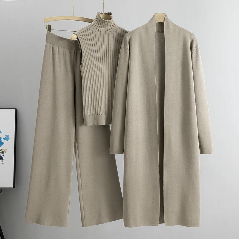 Aiertu Spring Autumn 3 Piece Women Cardigan Tracksuits Fashion Knitted Pant Set Ladies Sweater Suit Vintage Fashion Ladies 3 Piece Set Aiertu