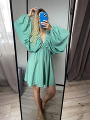 Aiertu Summer 11 Candy Color Long Sleeve Dresses Women Tourism vacation Deep V Neck Women Summer Boho Dresses Aiertu
