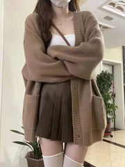 AIERTU - Japanese Sweet Knitted Cardigan Women Fall Winter Lazy Wind Loose Casual Sweaters V Neck Solid Student Fashion Elegant New Coats Aiertu