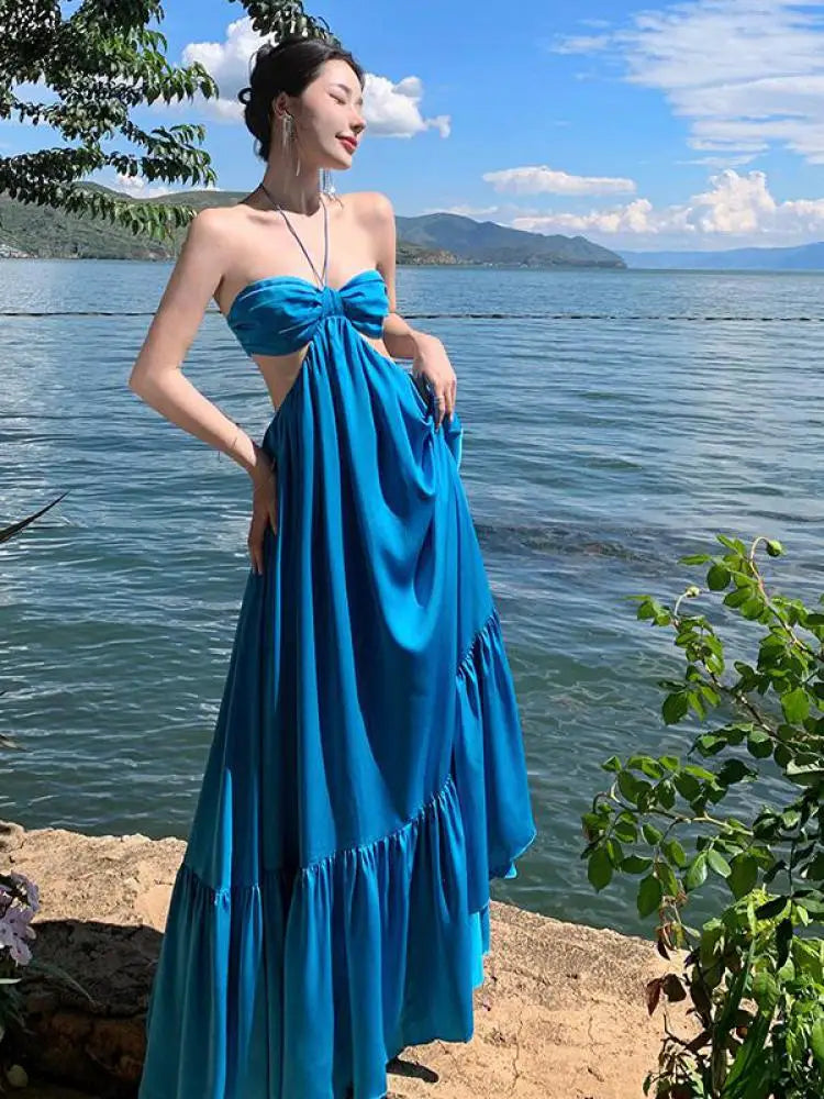 Aiertu Summer New Women's Blue Sexy Club Hanging Neck Hollowed Backless Pleated Long Dress Birthday Evening Party Bandage Sundress Aiertu