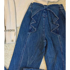 Aiertu Sweet Style Street Blue American Retro Back Bow High Waisted Jeans for Women Spring New Niche Wide Leg Straight Leg Y2k Pants Aiertu