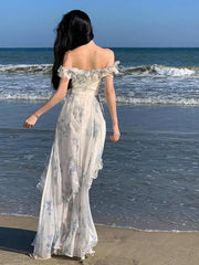 Aiertu French Vintage Bohemian Beige Print Ruffles Slip Long Dresses Summer Elegant Lady Off Shoulder Party Evening Dress Vestidos Robe Aiertu