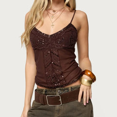 AIERTU - Summer Women Y2K Sheer Mesh Tank Top Sequinned Camisole Slim Fit V Neck Spaghetti Strap Going Out Tops Streetwear Aiertu