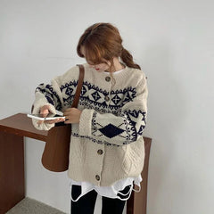 Korean Patchwork Cardigan Sweaters Women Lazy Wind Vintage Argyle Long Sleeve Knitted Coat Casual O Neck Female Print Top Aiertu
