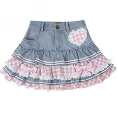 Aiertu Preppy Style Lolita Kawaii Skirts Japanese Sweet Mini Women Harajuku Cute Ball Gown Denim Skater Y2K High Waist Lace Cake Skirts Aiertu