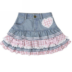 Aiertu Preppy Style Lolita Kawaii Skirts Japanese Sweet Mini Women Harajuku Cute Ball Gown Denim Skater Y2K High Waist Lace Cake Skirts Aiertu