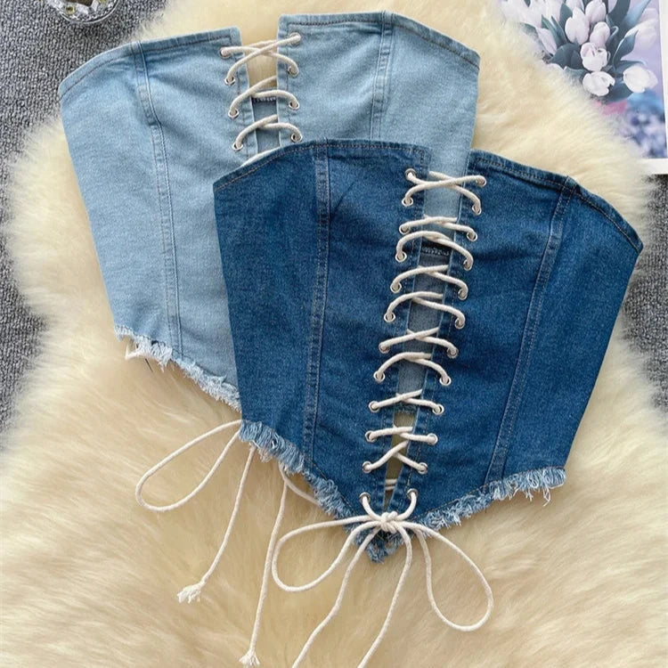 Aiertu Y2K Hotsweet Denim Strapless Summer Off the Shoulder Bandage Design Slim Zipper Short Tank American Retro Sexy Top Aiertu