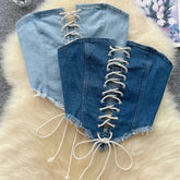 Aiertu Y2K Hotsweet Denim Strapless Summer Off the Shoulder Bandage Design Slim Zipper Short Tank American Retro Sexy Top Aiertu
