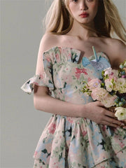 Aiertu French Design Floral Strapless Dress Women Summer New Holiday Casual Y2k Dress Female Fashion Slimming Irregular Mini Dress 2024 Aiertu