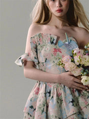 Aiertu French Design Floral Strapless Dress Women Summer New Holiday Casual Y2k Dress Female Fashion Slimming Irregular Mini Dress 2024 Aiertu