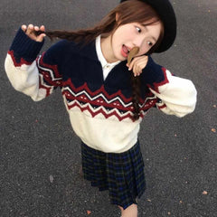 Aiertu Vintage Sweater Women Preppy Style Kawaii Knit Pullovers Japanese Style Patchwork Autumn Winter Retro Casual Sweaters Aiertu