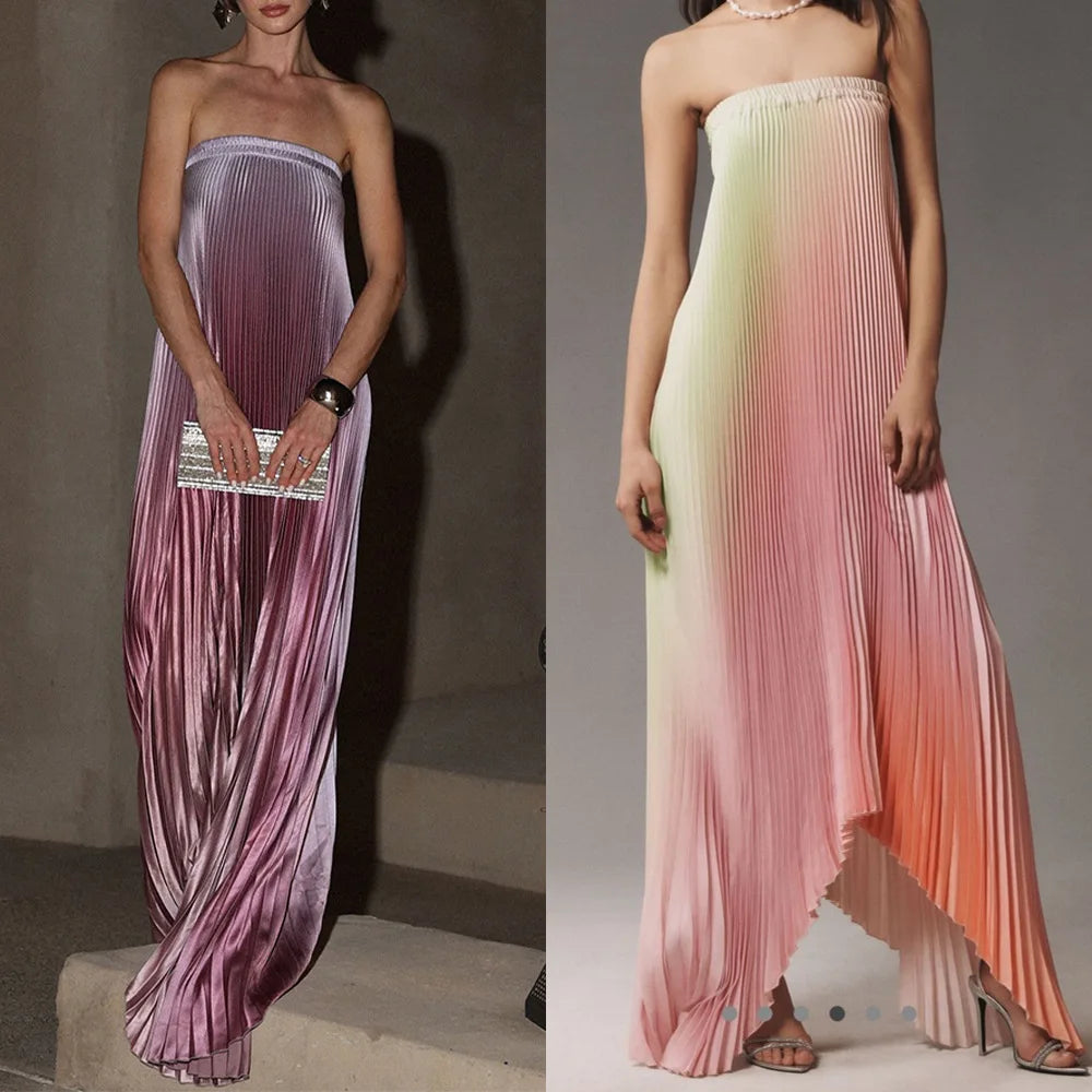 AIERTU - New Women's Gradient Color Tube Top Dress Sleeveless Pleated High Waist Midi Dress Party Club Streetwear Fashion Outfit Aiertu