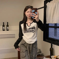 Aiertu Vintage Print T-shirts Women Harajuku Y2k Graphic Crop Tops Slim Up Fashion Patchwork Streetwear Autumn Long Sleeve Aiertu
