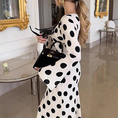 AIERTU - Flare Sleeve Dot Printed Round Collar Ladies Maxi Dress Spring Fall Holiday Elegant Party Slim Club Mujer Gowns Aiertu