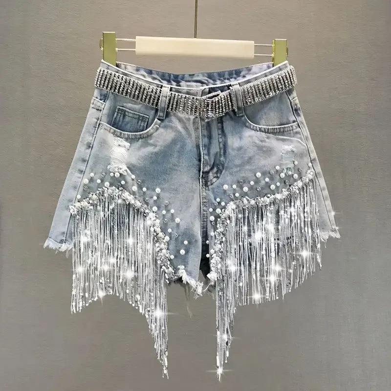 Aiertu Women Denim Shorts Summer High Waist Slim Heavy Beaded Sequin Fringed Ripped Wide Leg Jeans Shorts Aiertu