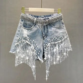 Aiertu Women Denim Shorts Summer High Waist Slim Heavy Beaded Sequin Fringed Ripped Wide Leg Jeans Shorts Aiertu