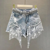 Aiertu Women Denim Shorts Summer High Waist Slim Heavy Beaded Sequin Fringed Ripped Wide Leg Jeans Shorts Aiertu