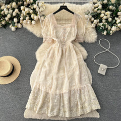 Aiertu High Quality Lace Embroidery Long Dress Women Short Sleeves Mesh A Line Sundress French Vintage Floral Midi Dress Aiertu