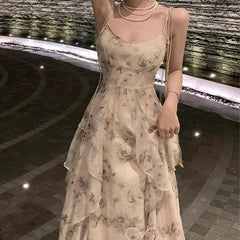Aiertu Elegant Holiday Dresses for Women Long Floral Chiffon Midi Dress Sleeveless Vintage Dress Fairy Slim Party Casual aiertu