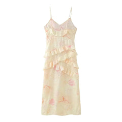 Aiertu 2024 Summer New Women's French Retro V-neck Sleeveless Printed Ruffle Edge Decorative Slim Fit Hanging Strap Dress Aiertu