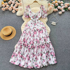 Aiertu Beach Vacation Floral Print Dress Women Backless Lace Up Cross Bandage Ruched Korean Hotsweet Fashion Party Long Dress Aiertu