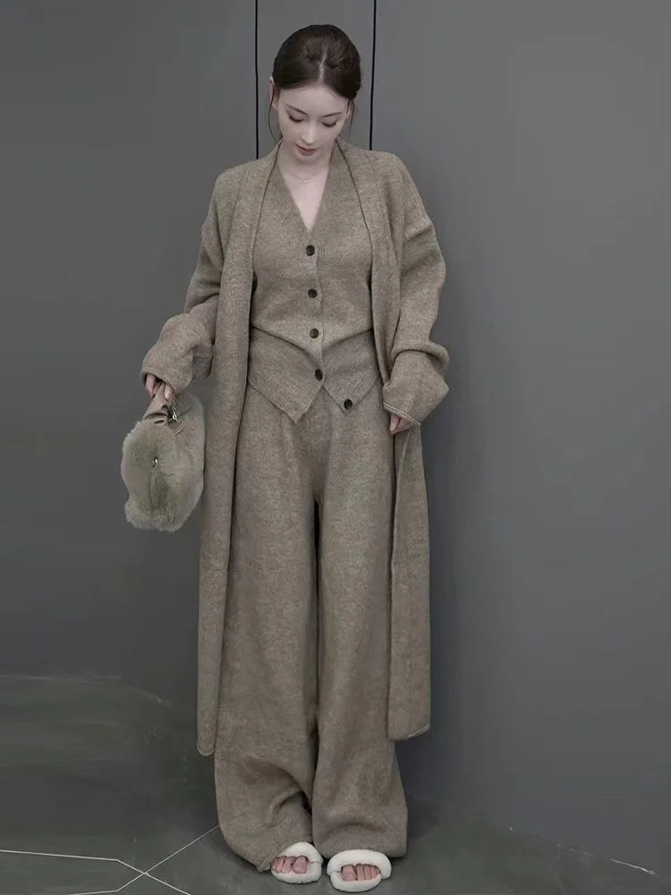 Aiertu New Autumn Winter Women Knitted Three Piece Set Cardigan Sweater + Single Breasted Vest Tops And Wide Leg Pants Fashion Elegant Aiertu