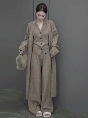 Aiertu New Autumn Winter Women Knitted Three Piece Set Cardigan Sweater + Single Breasted Vest Tops And Wide Leg Pants Fashion Elegant Aiertu