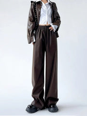 Aiertu Black Wide PU Leather Pants Women Autumn Vintage Elastic High Waist Y2K Harajuku Baggy Straight Trousers Aiertu