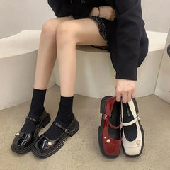 Aiertu Woman Footwear Square Toe Mary Jane Japanese Style Lolita Pearl Low Heel Elegant Shoes for Women Milky Normal Leather Casual A E Aiertu