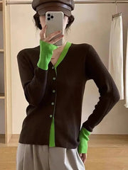Aiertu Autumn Knit Cardigan Girls Patchwork Long Sleeve Sweater Shirts Woman Contrast Color Knitted Tops Aiertu