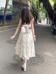 Aiertu 2024 Summer New Japanese Kawaii Y2k Midi Dress Women Casual Sweet Bow Splicing Flower Print Dress Korean Fashion Evening Party Aiertu