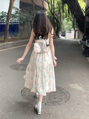 Aiertu 2024 Summer New Japanese Kawaii Y2k Midi Dress Women Casual Sweet Bow Splicing Flower Print Dress Korean Fashion Evening Party Aiertu