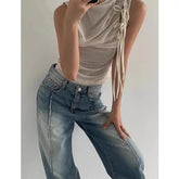 Aiertu Streetwear Folds Tank Tops Women Lace Up Sleeveless T-shirts Korean Fashion Chic 2024 Summer Mesh Tops Casual Tanks Y2k Aiertu