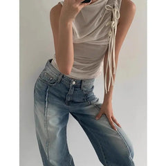 Aiertu Streetwear Folds Tank Tops Women Lace Up Sleeveless T-shirts Korean Fashion Chic 2024 Summer Mesh Tops Casual Tanks Y2k Aiertu