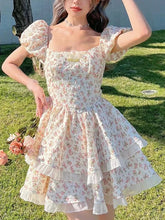 Aiertu Flower Print Kawaii Sweet Dress Women Hollow Out French Vintage Mini Dress Female Butterfly-knot Korean Designer Dress New Aiertu