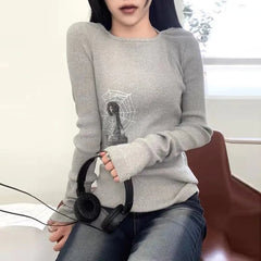 Aiertu Grunge Ribbed T-shirt Korean Fashion Chic Print Long Sleeve Tee Shirt Kpop Fairycore Knitted Tshirt Harajuku Streetwear Aiertu
