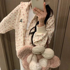 Aiertu Korean Fashion Sweet Hoodie for Women Flowers Print Oversize Zip-up Hooded Sweatshirts College Coquette Aesthetic Tops Aiertu