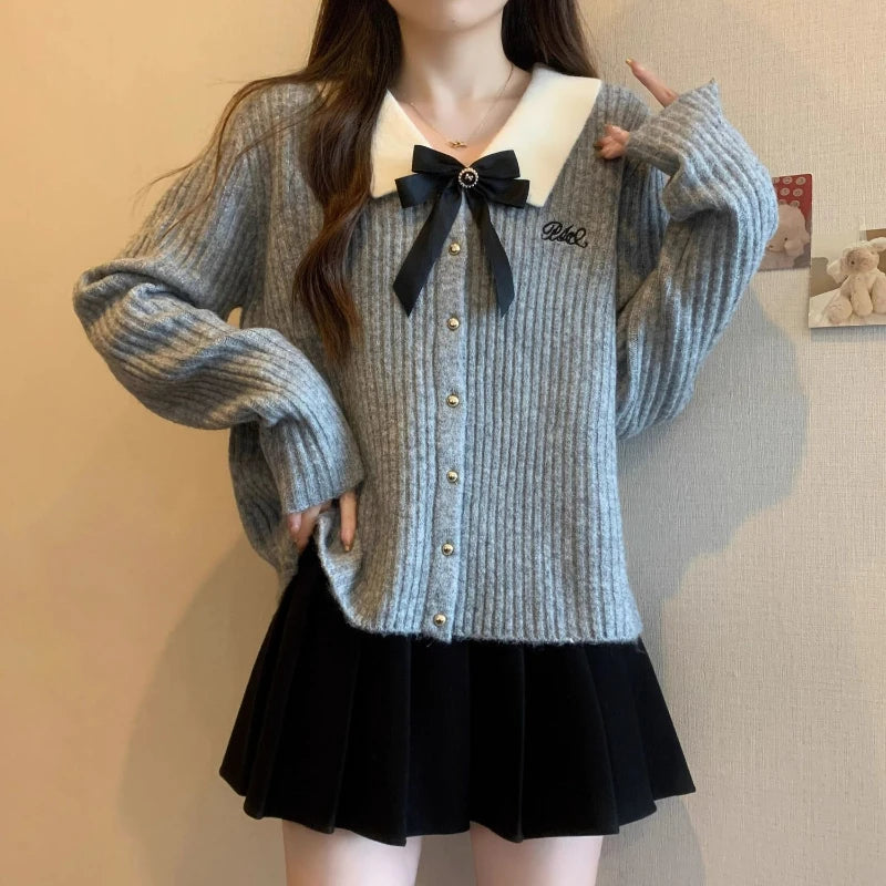 Aiertu Kawaii Sweet Cardigan Sweater Woman Grey Bow Knitted Tops Coquette Fashion Korean Style Sweater Autumn Winter Casual Aiertu