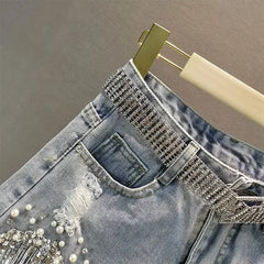 Aiertu Women Denim Shorts Summer High Waist Slim Heavy Beaded Sequin Fringed Ripped Wide Leg Jeans Shorts Aiertu