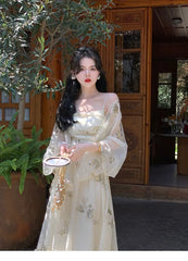 Aiertu Elegant Vintage Floral Slip Dress Women Sequin Embroidery Casual Long Fairy Dress Female 2024 Autumn Fashion Korean Style Dress Aiertu