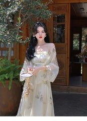 Aiertu Elegant Vintage Floral Slip Dress Women Sequin Embroidery Casual Long Fairy Dress Female 2024 Autumn Fashion Korean Style Dress Aiertu