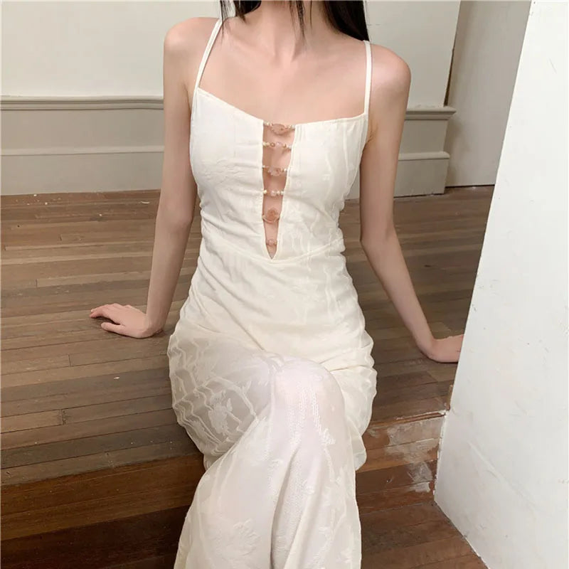 AIERTU - Women Dress New Chinese Style Patterned Chest Bead Hollow Out Backless Sleeveless High Waist Slim Vacation Sling Long Dresses Aiertu