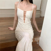 AIERTU - Women Dress New Chinese Style Patterned Chest Bead Hollow Out Backless Sleeveless High Waist Slim Vacation Sling Long Dresses Aiertu