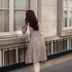 AIERTU - Korean Style Summer New Plaid Dress with Belt Loose Feel Sweet Style Women's Dress Short Sleeve Shirt Collar Casual Scene Aiertu