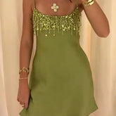 AIERTU - Sequin Tassel Green Mini Dress Women Satin Spaghetti Straps Square Neck Party Clubs Short Skirt NEW Summer Vacation Dresses Aiertu