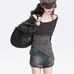 Y2k Off Shoulder Knitted Women T-shirts Set Sexy Korean Style Asymmetric Halter Tops Gyaru Crop Long Sleeve Autumn Tees Aiertu